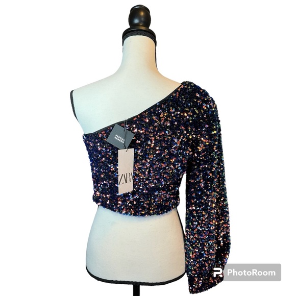 ZARA Sequined asymmetrical one shoulder crop top long sleeves size Medium NWT - Picture 3 of 15